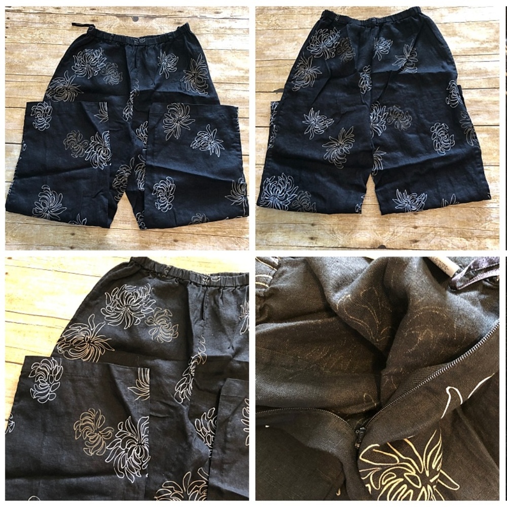 Black  Line Art Flowers Linen Cropped Capri